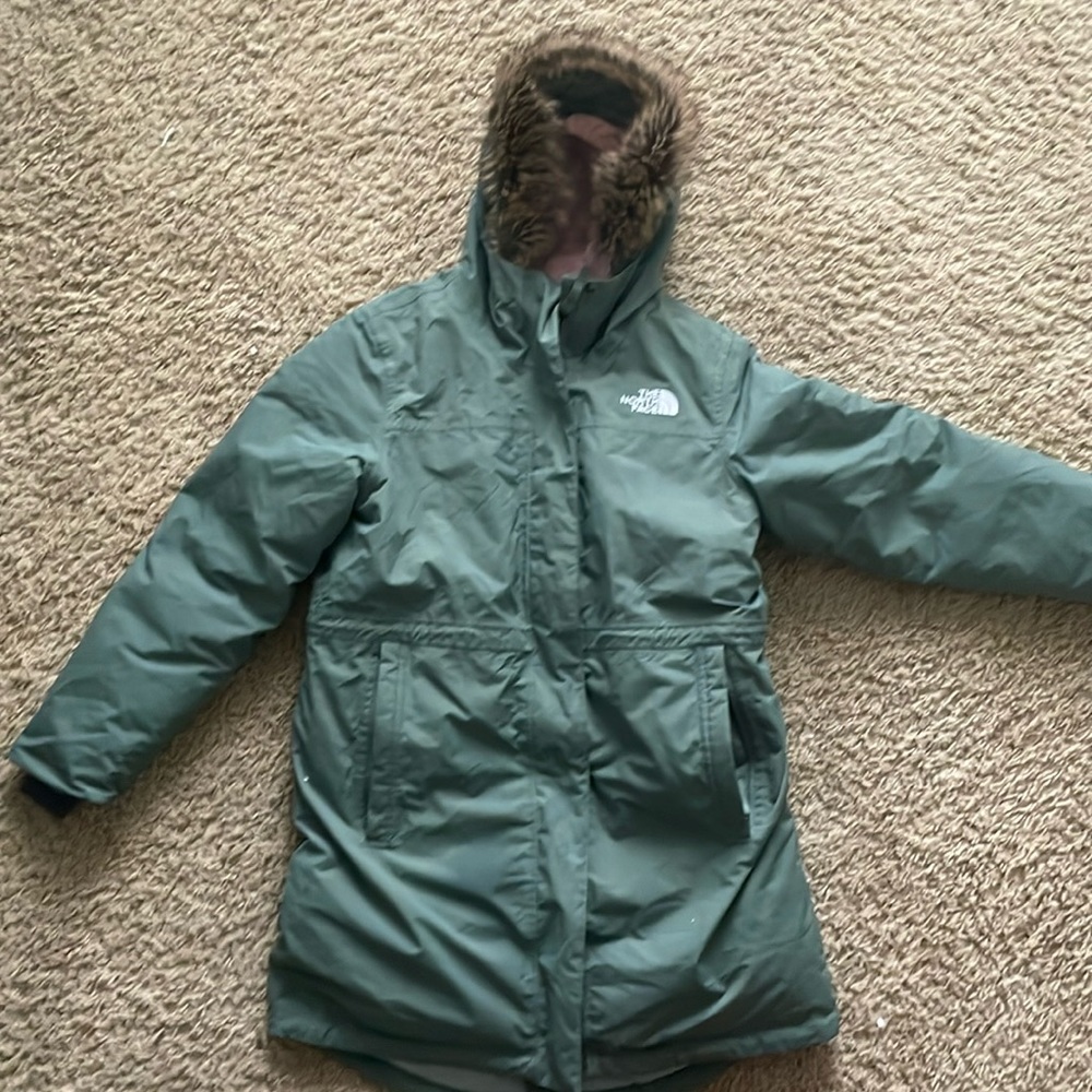 Green North Face parka with warm pink lining on the inside, Size L (14/16) girls